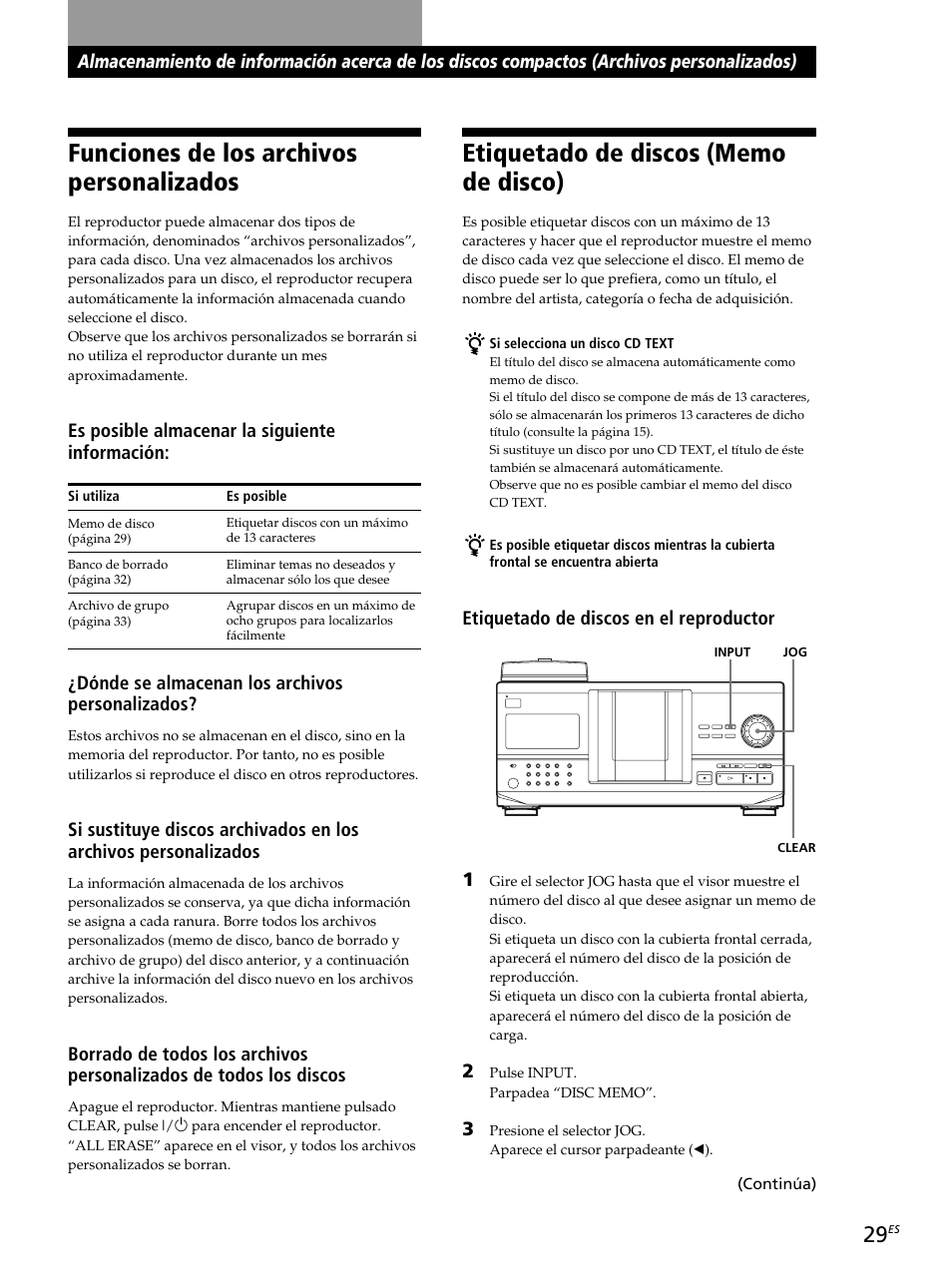 Funciones de los archivos personalizados | Sony CDP-CX260 User Manual | Page 109 / 120