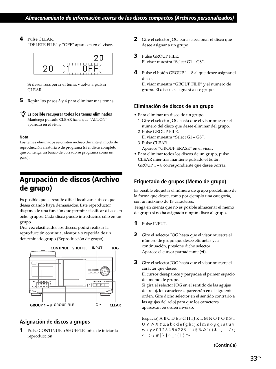 2 0 1 o f f, Agrupación de discos (archivo de grupo), Asignación de discos a grupos 1 | Eliminación de discos de un grupo | Sony CDP-CX260 User Manual | Page 113 / 120