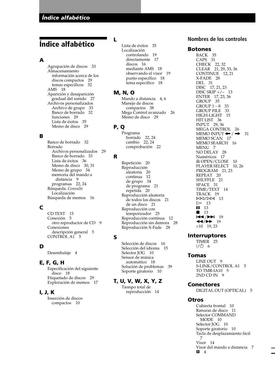 Índice alfabético, Información complementaria, Índice alfabético nombres de los controles botones | Interruptores, Tomas, Conectores, Otros, E, f, g, h, I, j, k, M, n, o | Sony CDP-CX260 User Manual | Page 120 / 120