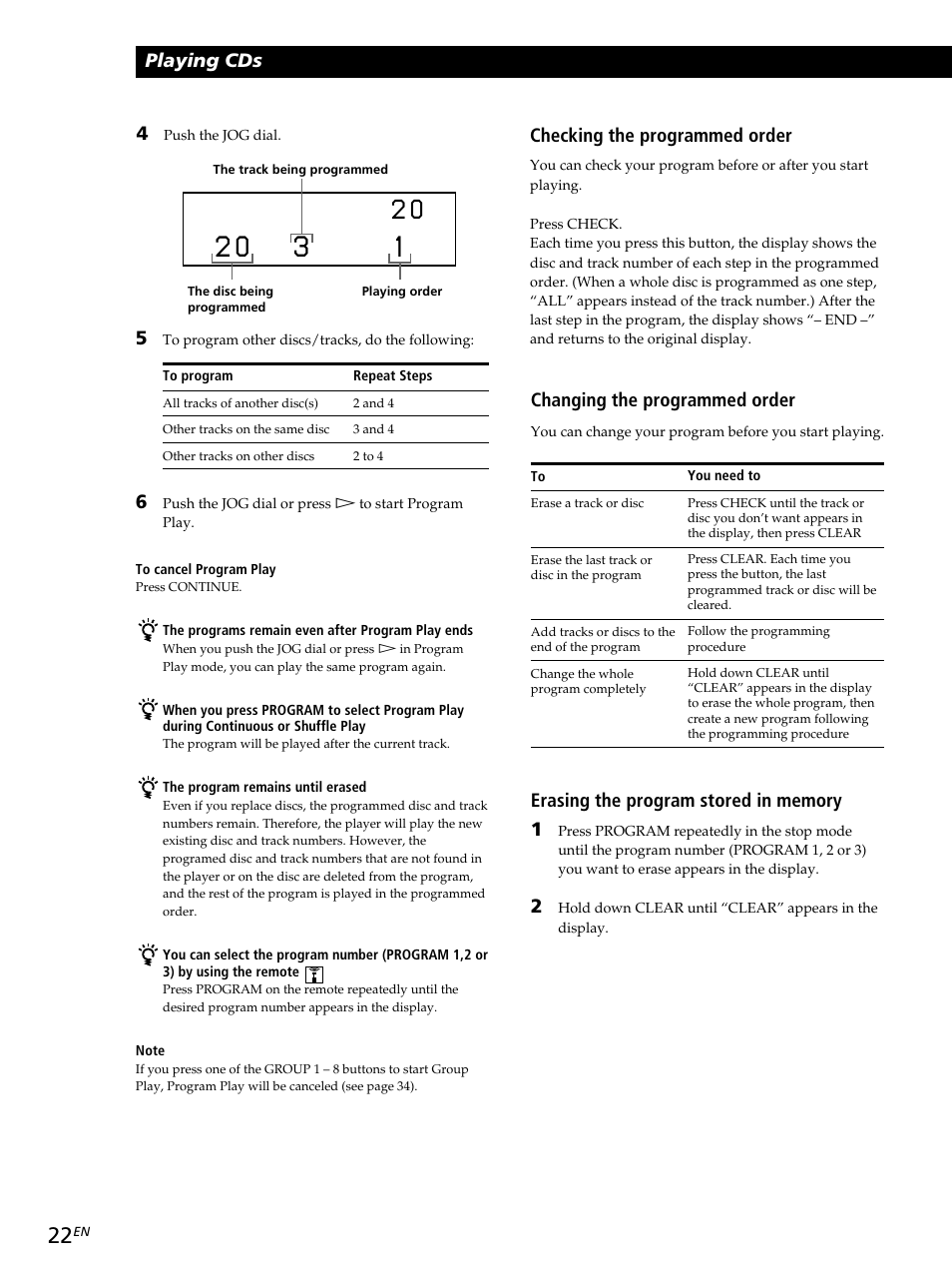 Playing cds, Changing the programmed order, Checking the programmed order | Sony CDP-CX260 User Manual | Page 22 / 120