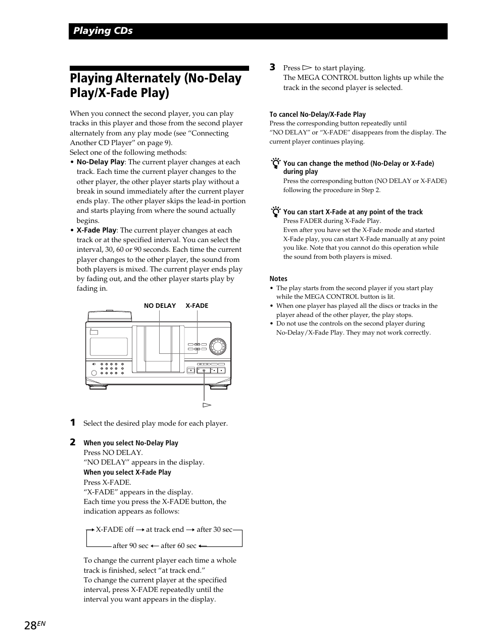 Playing alternately (no-delay play/x-fade play), Playing cds | Sony CDP-CX260 User Manual | Page 28 / 120