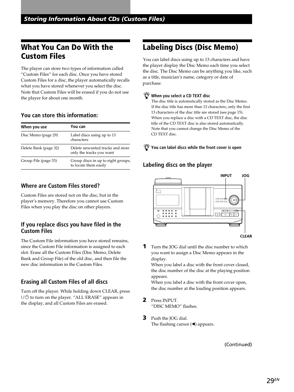 What you can do with the custom files, Storing information about cds (custom files), You can store this information | Labeling discs on the player 1, Where are custom files stored, Erasing all custom files of all discs | Sony CDP-CX260 User Manual | Page 29 / 120