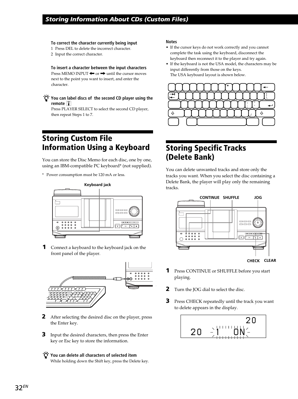 2 0 1 o n, Storing specific tracks (delete bank), Storing custom file information using a keyboard | Storing information about cds (custom files) | Sony CDP-CX260 User Manual | Page 32 / 120