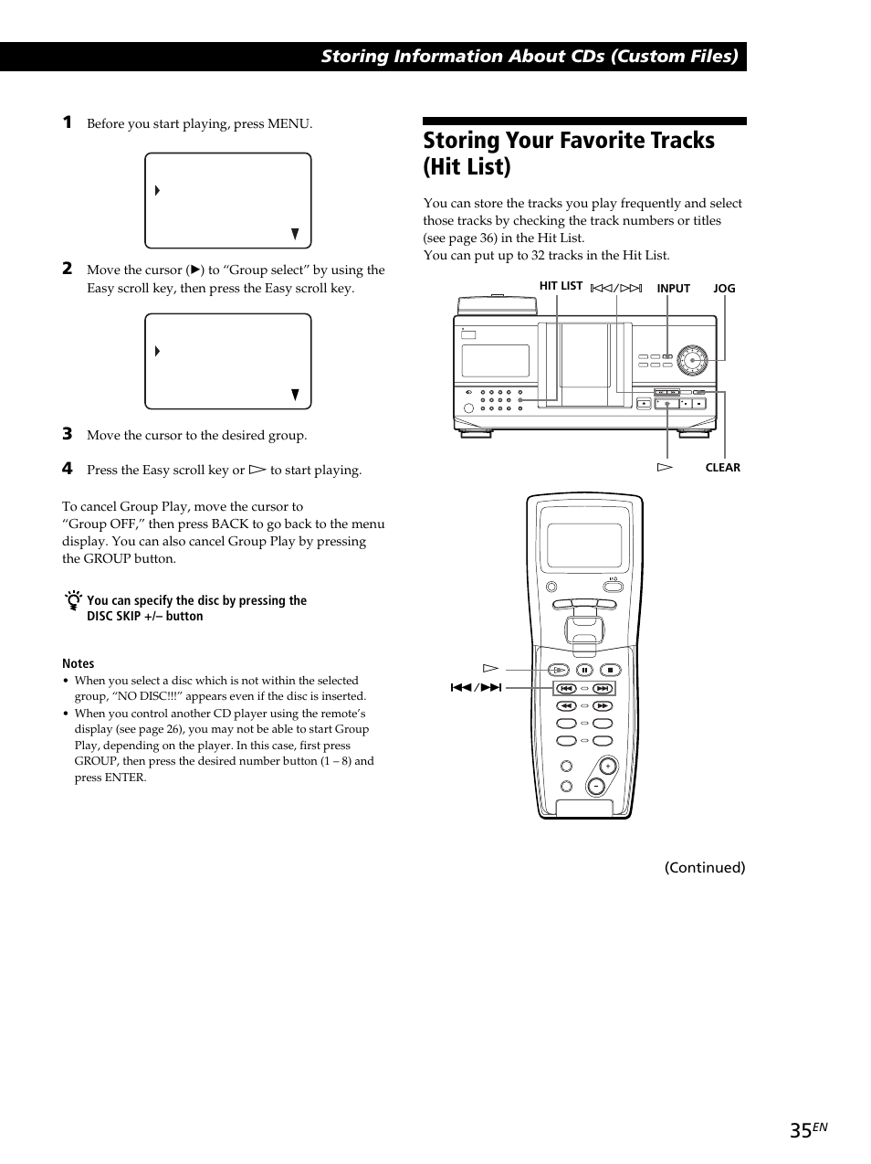 Storing your favorite tracks (hit list), Storing information about cds (custom files), Continued) | Sony CDP-CX260 User Manual | Page 35 / 120