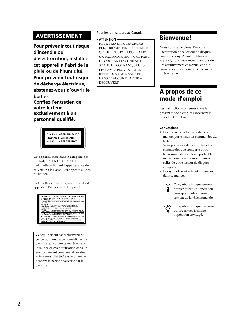 Bienvenue, A propos de ce mode d’emploi, Avertissement | Sony CDP-CX260 User Manual | Page 42 / 120
