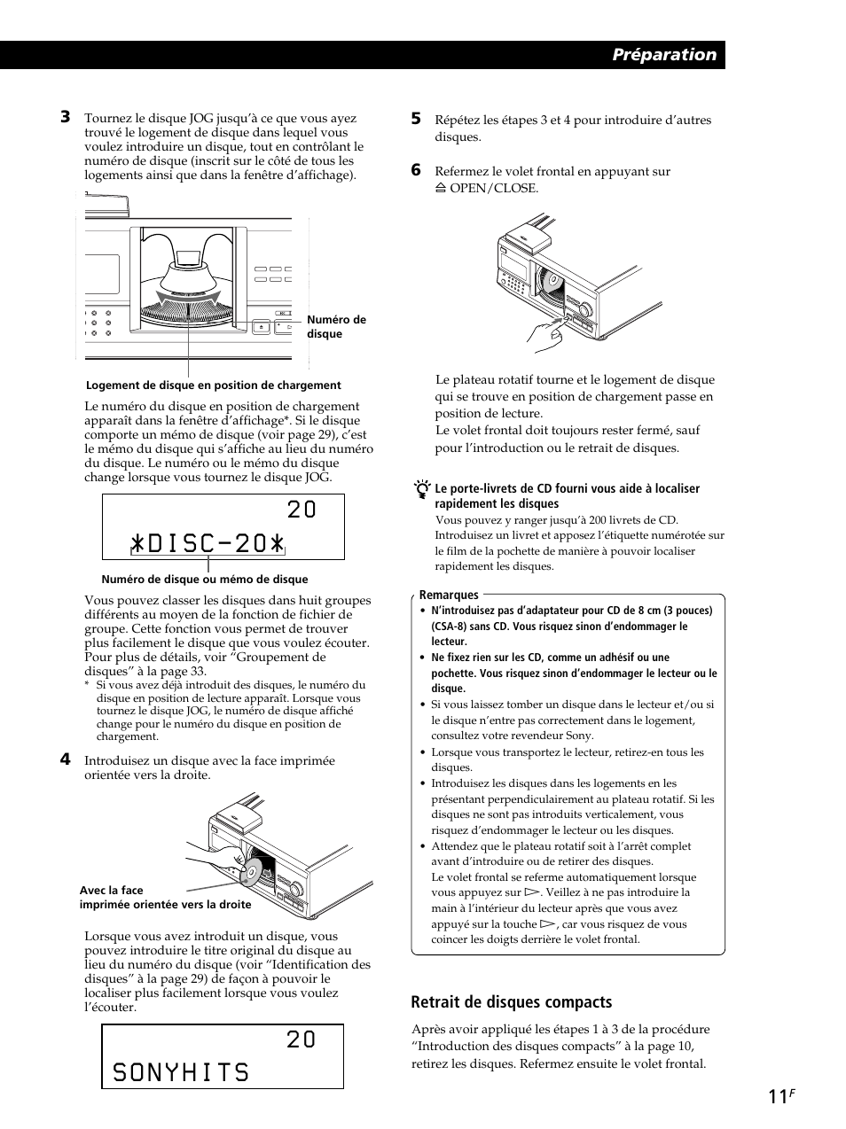 Préparation, Retrait de disques compacts | Sony CDP-CX260 User Manual | Page 51 / 120