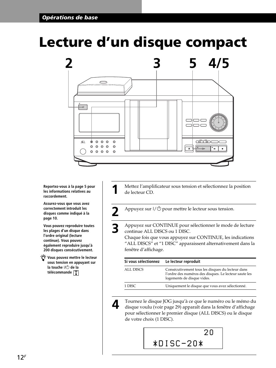 Lecture d’un disque compact 2 3, Opérations de base | Sony CDP-CX260 User Manual | Page 52 / 120
