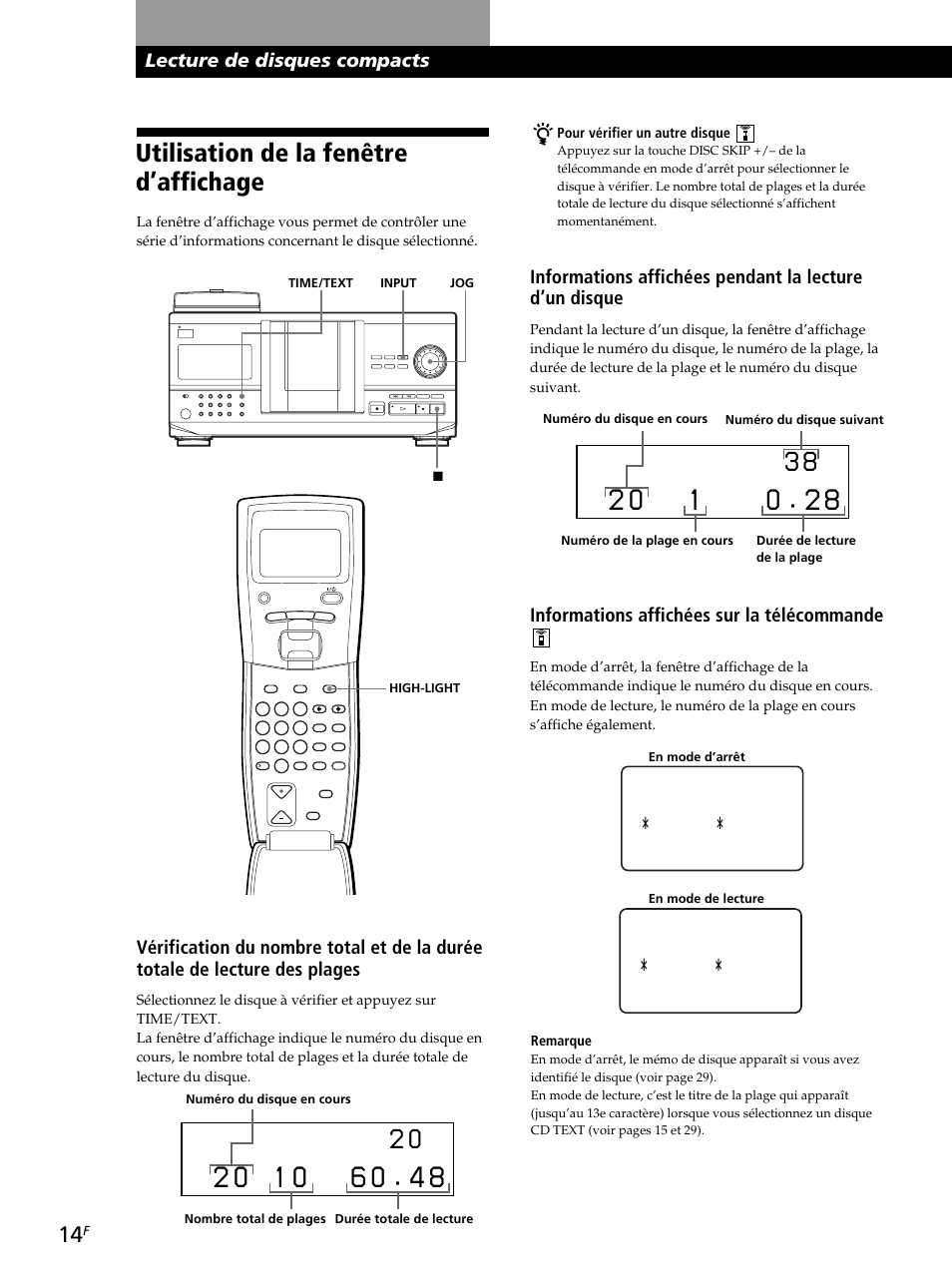 Utilisation de la fenêtre d’affichage, Lecture de disques compacts, Informations affichées sur la télécommande | I s c 2 0 * d i sc - 2 * 0 d | Sony CDP-CX260 User Manual | Page 54 / 120
