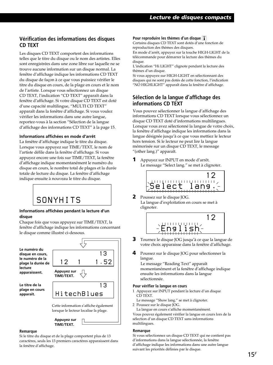 Lecture de disques compacts, Vérification des informations des disques cd text | Sony CDP-CX260 User Manual | Page 55 / 120