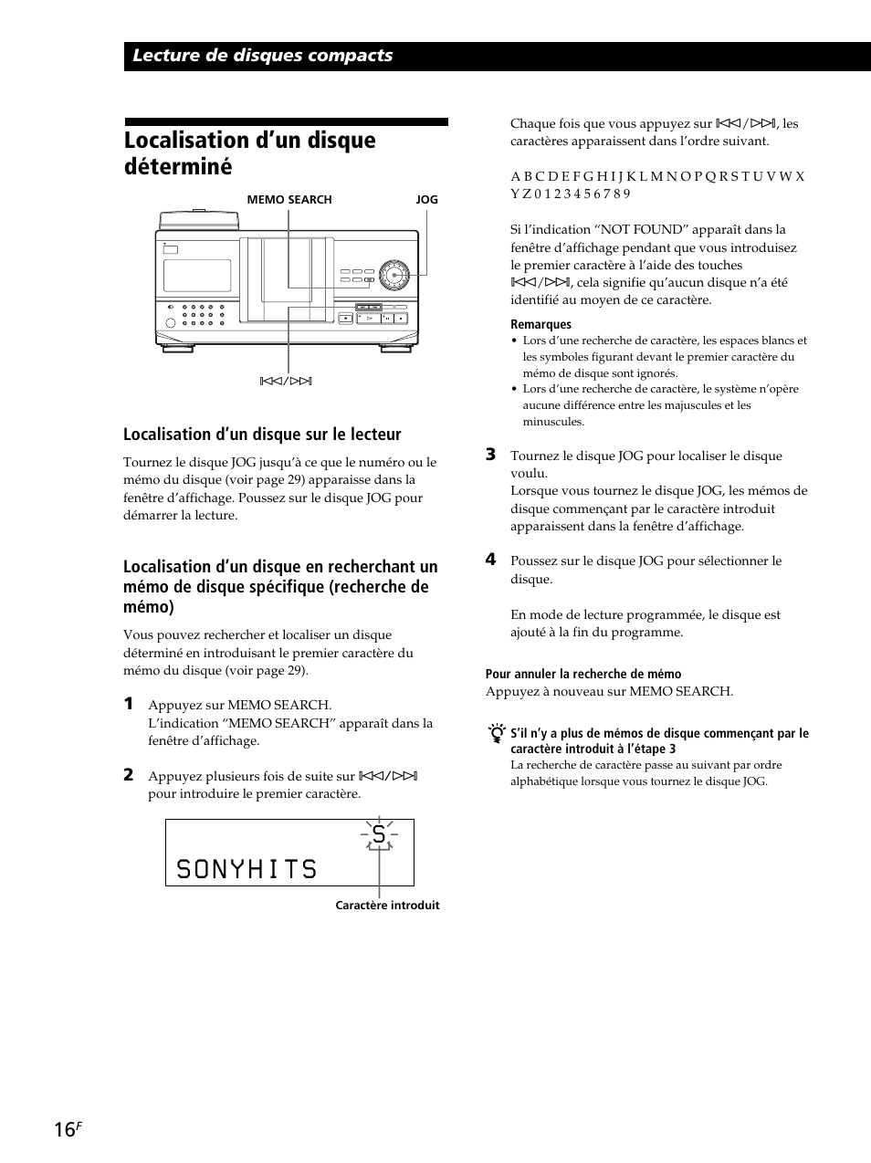 Localisation d’un disque déterminé, Lecture de disques compacts, Localisation d’un disque sur le lecteur | Sony CDP-CX260 User Manual | Page 56 / 120