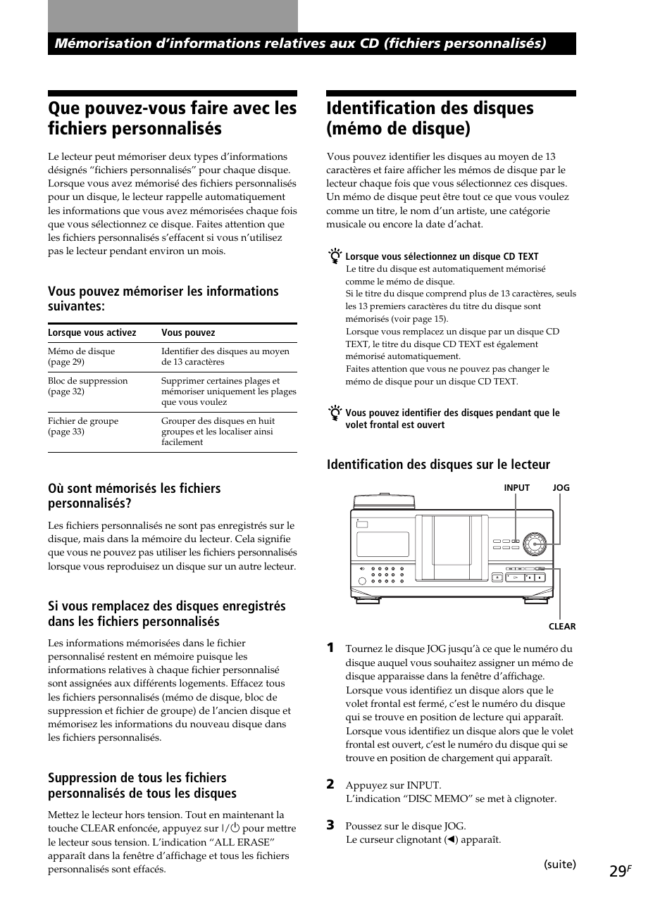 Identification des disques (mémo de disque), Vous pouvez mémoriser les informations suivantes, Identification des disques sur le lecteur 1 | Où sont mémorisés les fichiers personnalisés | Sony CDP-CX260 User Manual | Page 69 / 120