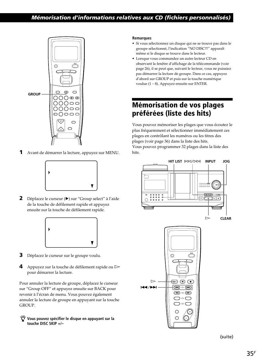 Suite), Remarques, Avant de démarrer la lecture, appuyez sur menu | Déplacez le curseur sur le groupe voulu | Sony CDP-CX260 User Manual | Page 75 / 120