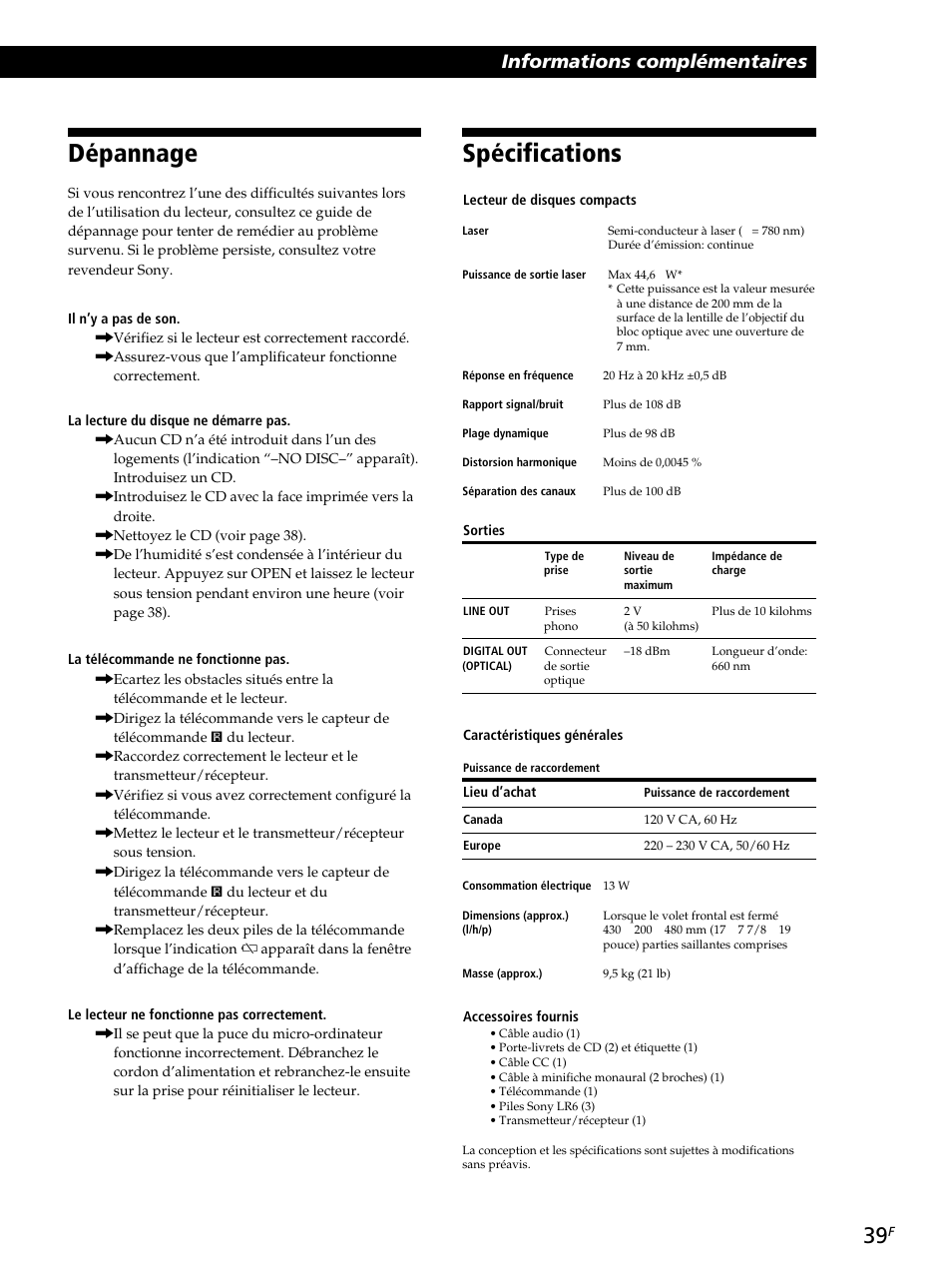 Spécifications, Dépannage, Informations complémentaires | Sony CDP-CX260 User Manual | Page 79 / 120