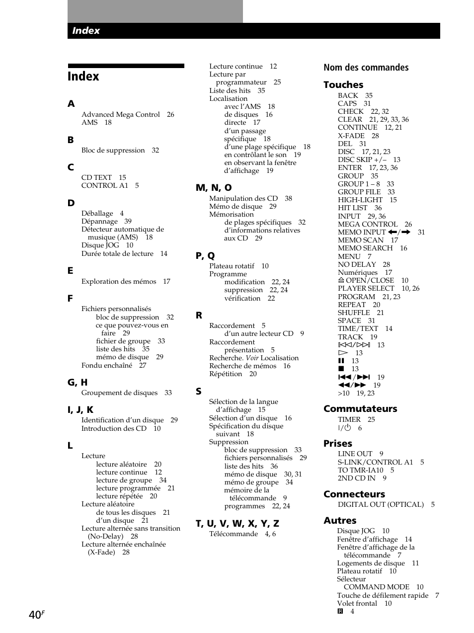 Index, Informations complémentaires, Index nom des commandes touches | Commutateurs, Prises, Connecteurs, Autres, M, n, o, P, q, T, u, v, w, x, y, z | Sony CDP-CX260 User Manual | Page 80 / 120
