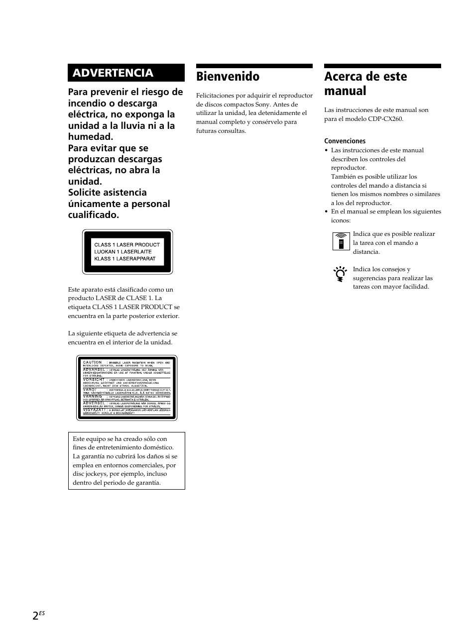 Bienvenido, Acerca de este manual, Advertencia | Sony CDP-CX260 User Manual | Page 82 / 120