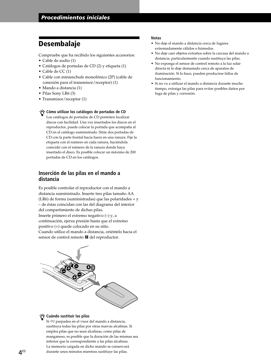 Desembalaje, Procedimientos iniciales, Inserción de las pilas en el mando a distancia | Sony CDP-CX260 User Manual | Page 84 / 120
