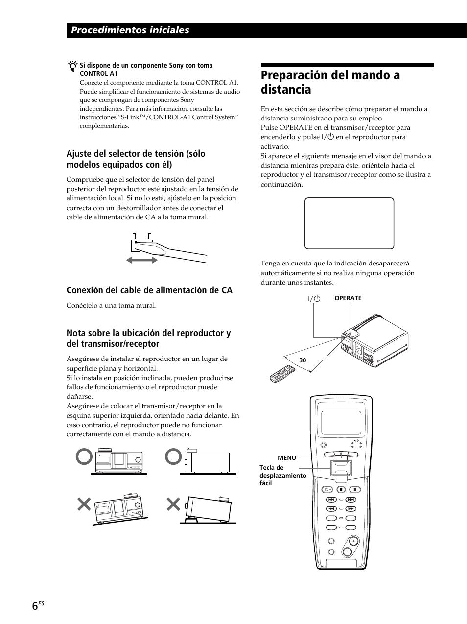 Preparación del mando a distancia, Procedimientos iniciales, Conexión del cable de alimentación de ca | Sony CDP-CX260 User Manual | Page 86 / 120