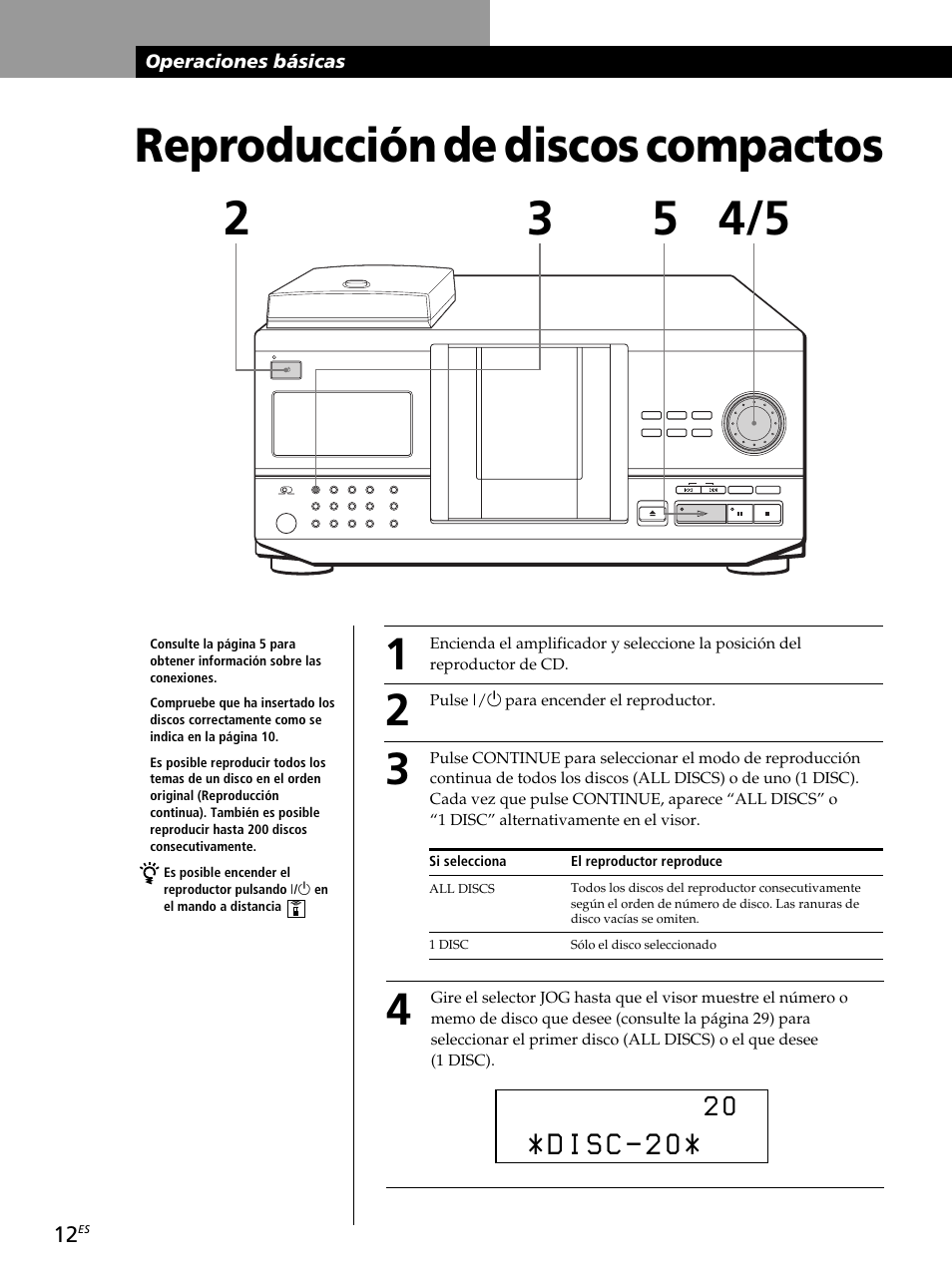 Reproducción de discos compactos 2 3, Operaciones básicas | Sony CDP-CX260 User Manual | Page 92 / 120