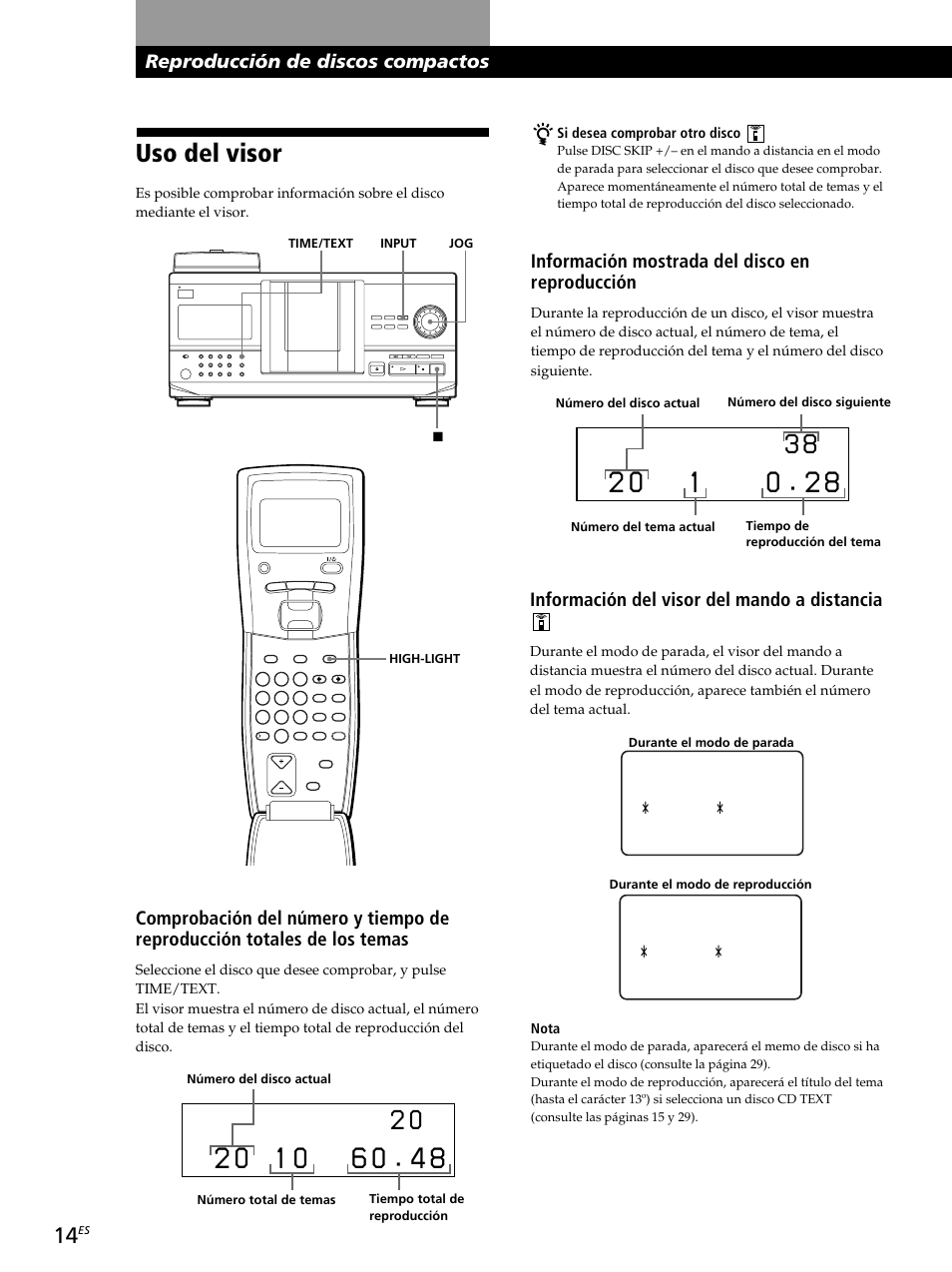 Uso del visor, Reproducción de discos compactos, Información mostrada del disco en reproducción | Información del visor del mando a distancia, I s c 2 0 * d i sc - 2 * 0 d | Sony CDP-CX260 User Manual | Page 94 / 120