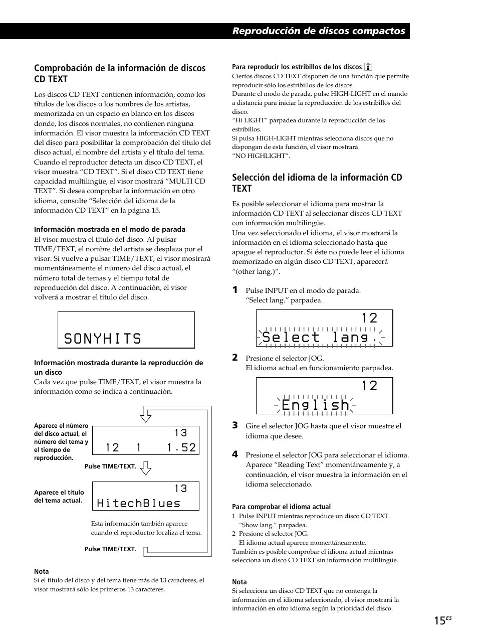 Comprobación de la información de discos cd text, Selección del idioma de la información cd text | Sony CDP-CX260 User Manual | Page 95 / 120