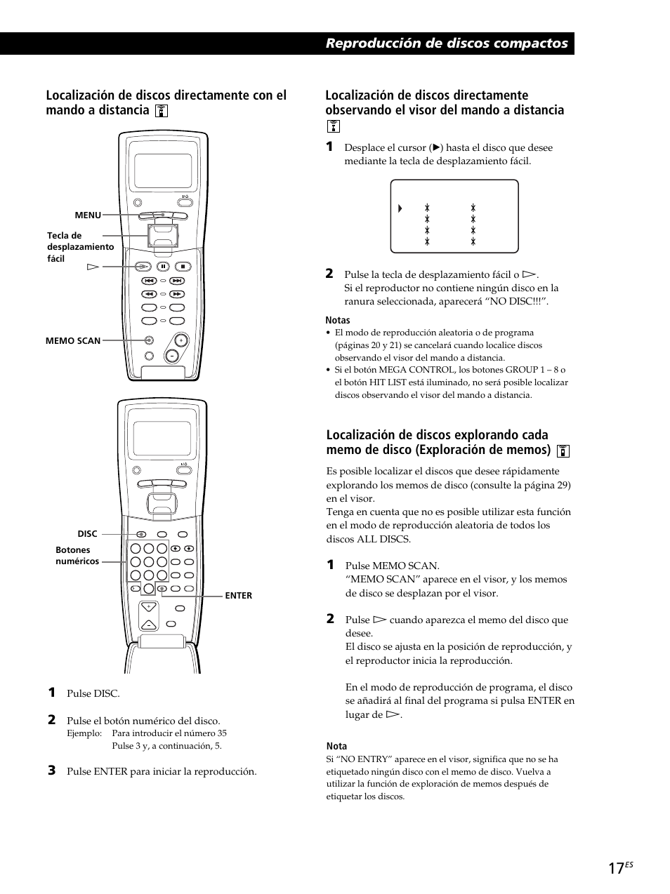 Pulse disc, Pulse el botón numérico del disco, Pulse enter para iniciar la reproducción | Sony CDP-CX260 User Manual | Page 97 / 120