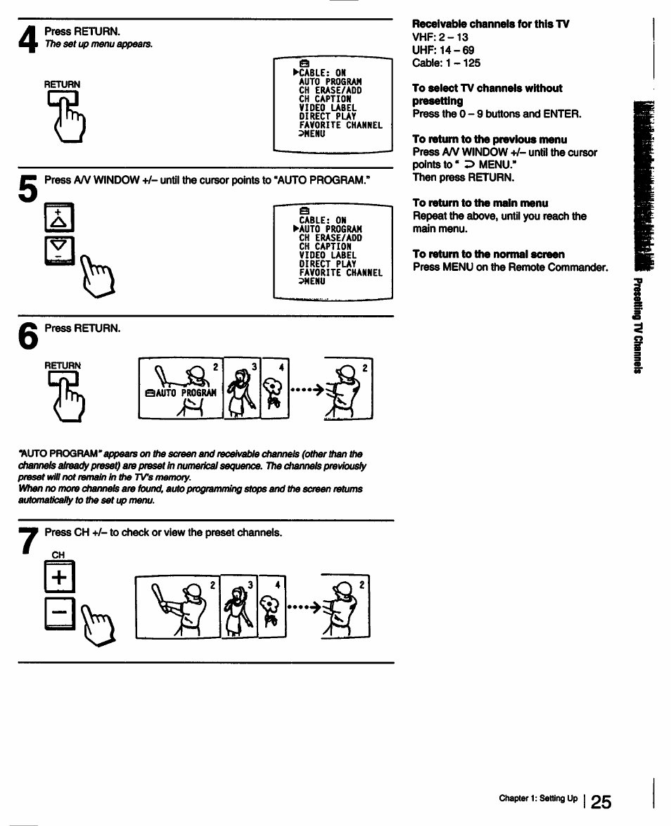Receivable channels for this tv, To select tv channels without presetting, To return to the previous menu | To return to the main menu, To return to the normal screen | Sony KV-27XBR25 User Manual | Page 25 / 72