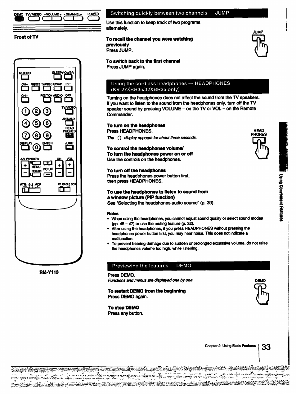 Front ot tv, To turn on the headphones, To control the headphones volume | To turn the headphones power on or off, To turn off the headphones, To restart demo from the beginning, To stop demo, Zdg^ld cd, Dd ddd, D ddd | Sony KV-27XBR25 User Manual | Page 33 / 72