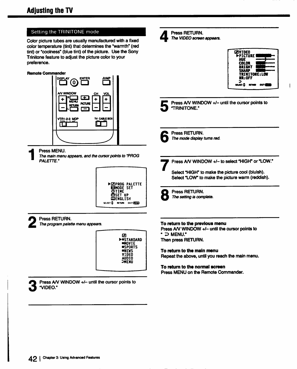 Adjusting the tv | Sony KV-27XBR25 User Manual | Page 42 / 72