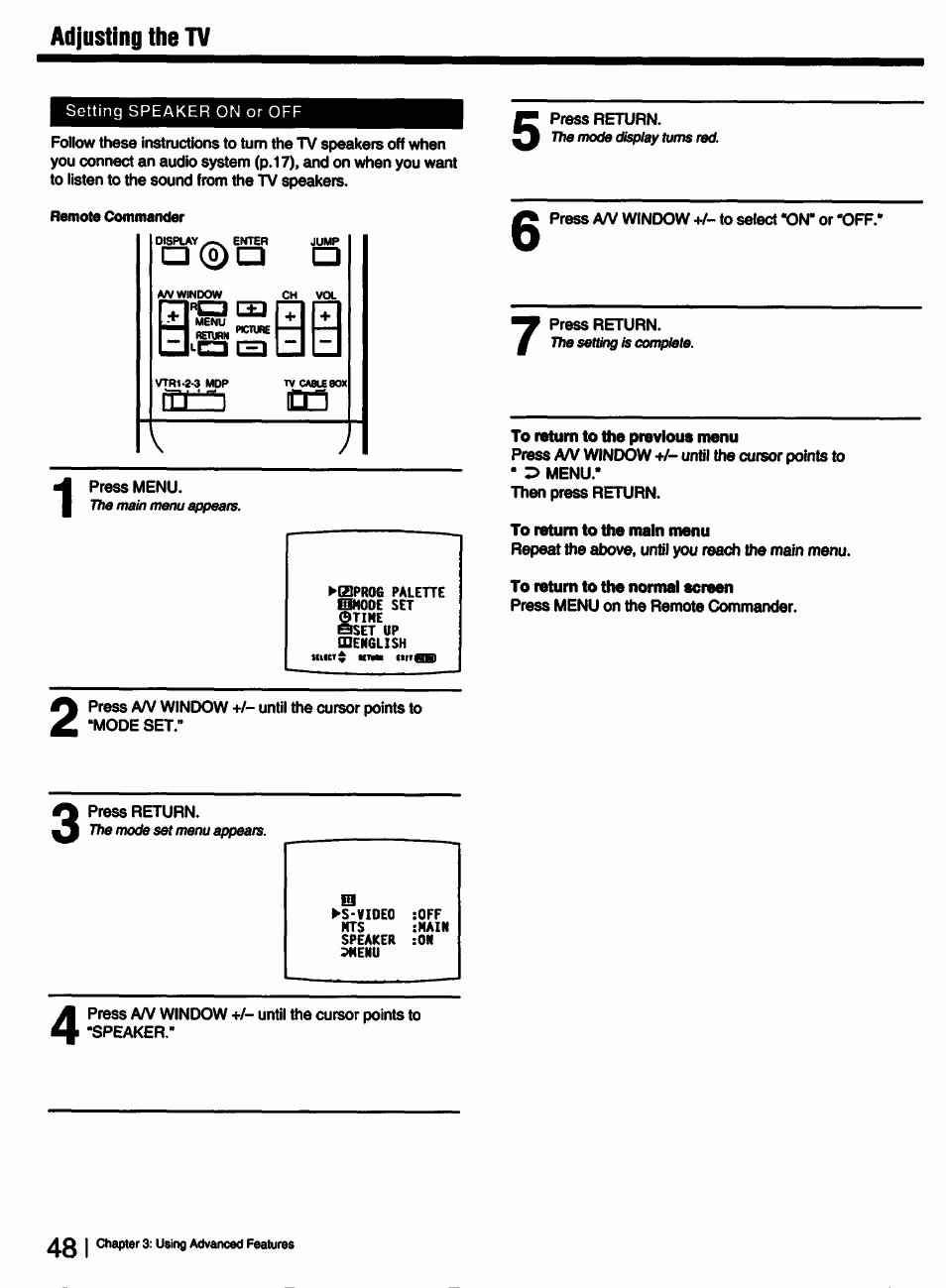 To return to the previous menu, To return to the main menu, To letum to ttie normal screen | Sony KV-27XBR25 User Manual | Page 48 / 72