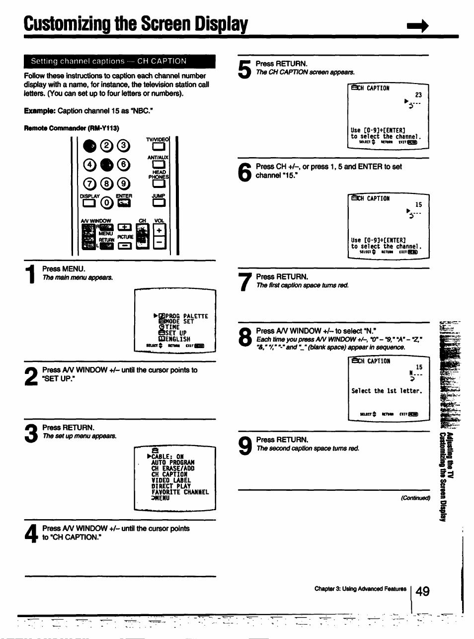 Customizing the screen display | Sony KV-27XBR25 User Manual | Page 49 / 72