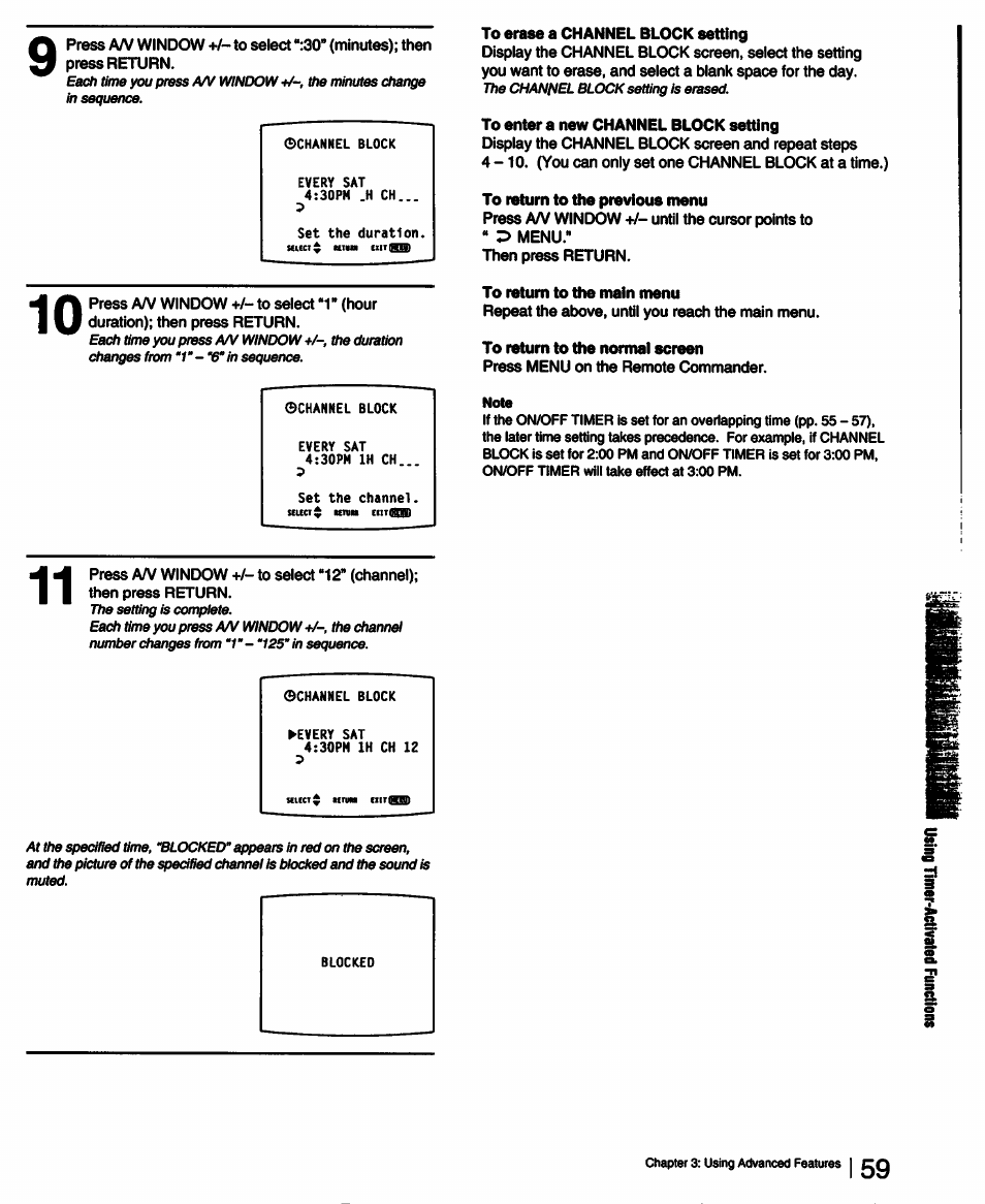 To erase a channel block setting, To enter a new channel block setting, To return to the previous menu | To return to the main menu, To return to the normal screen | Sony KV-27XBR25 User Manual | Page 59 / 72