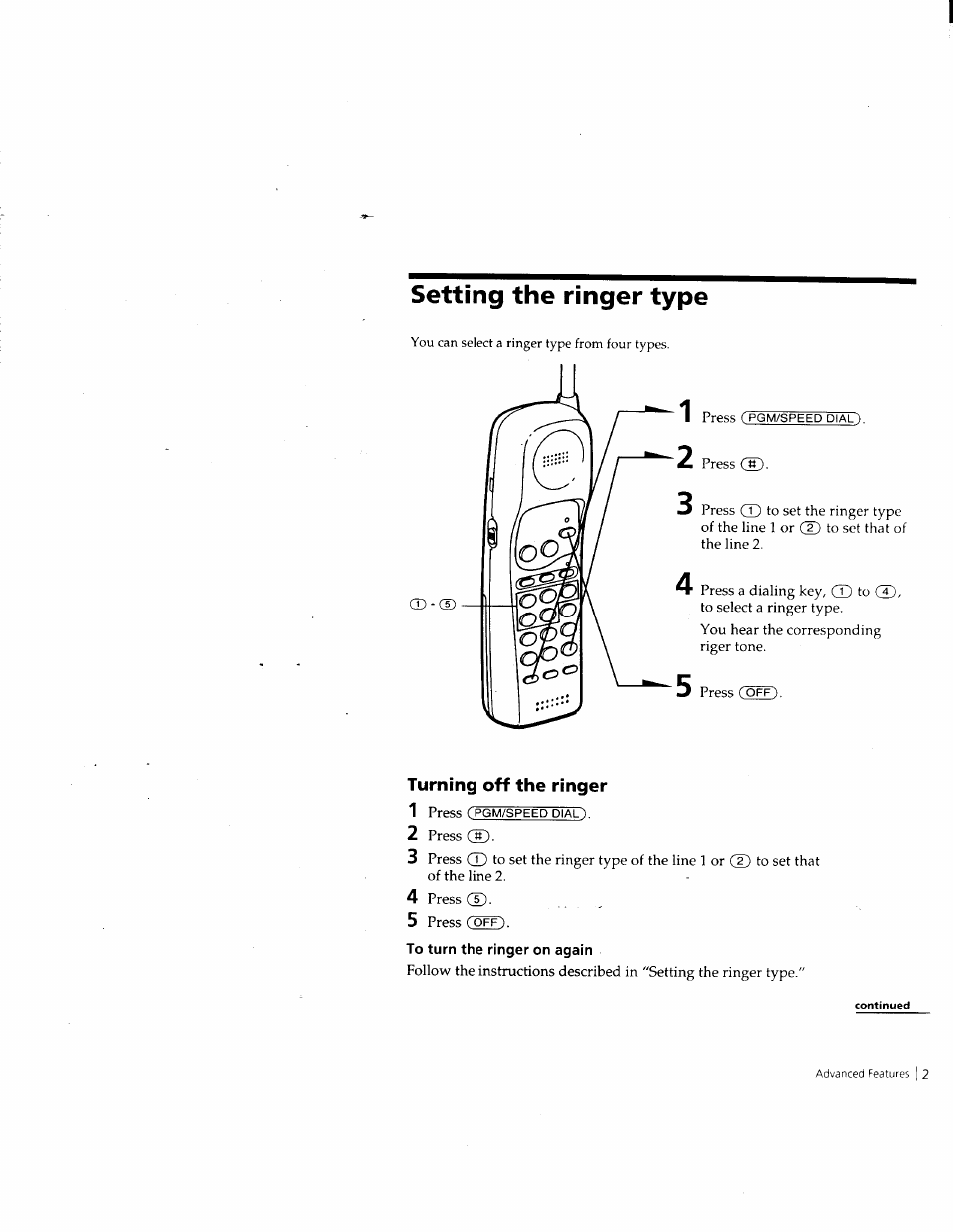 Setting the ringer type, Turning off the ringer, To turn the ringer on again | Sony SPP-M932 User Manual | Page 20 / 76