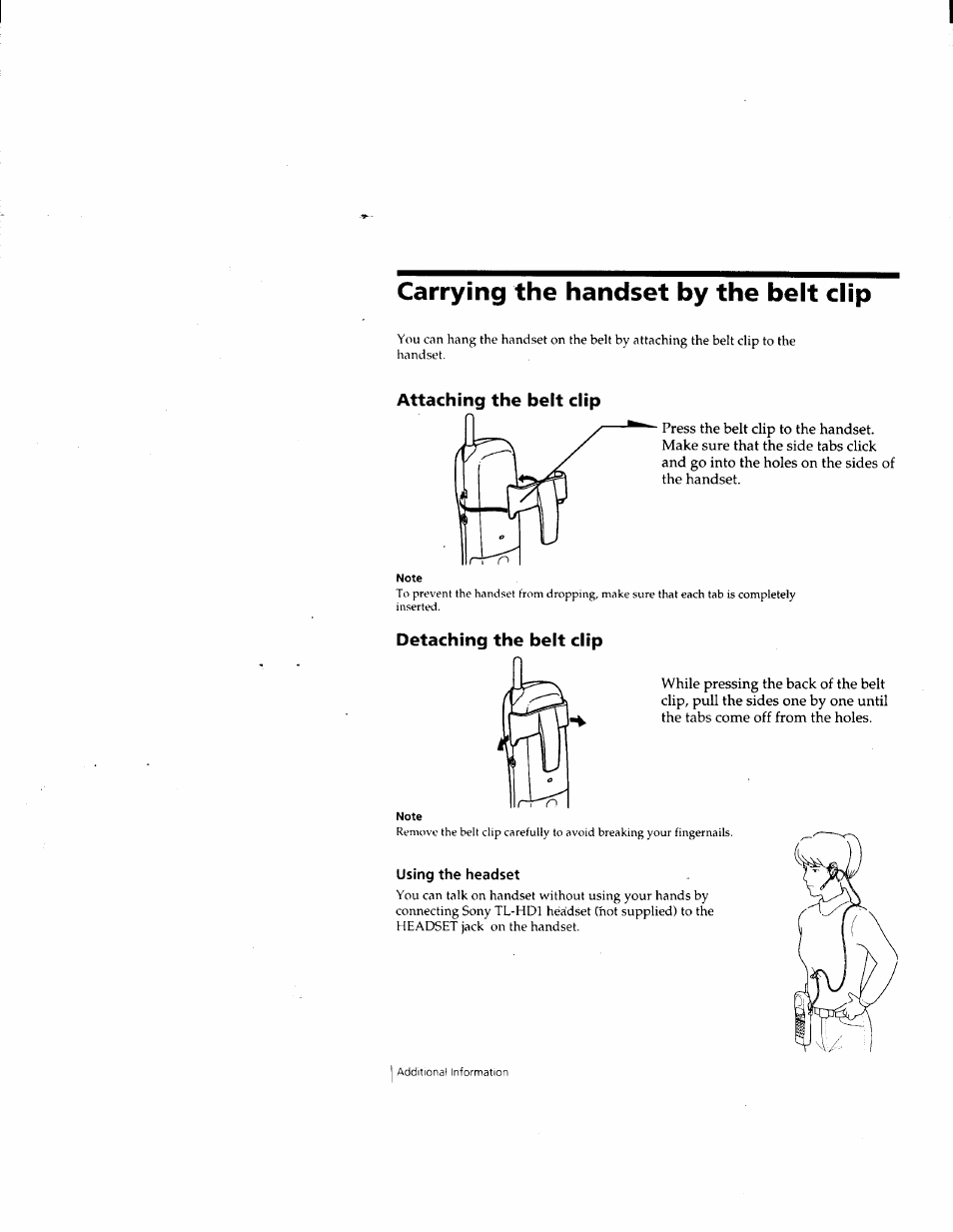 Carrying the handset by the belt clip, Attaching the belt clip, Detaching the belt clip | Using the headset | Sony SPP-M932 User Manual | Page 31 / 76