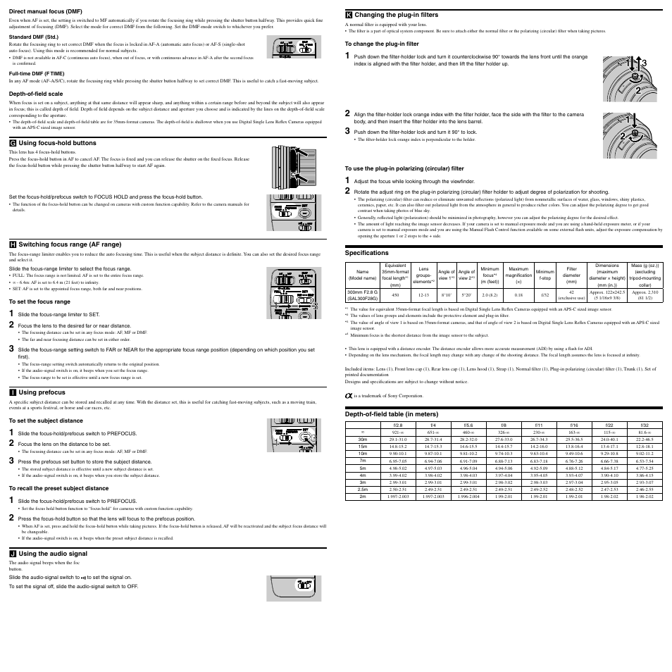 Rear side | Sony SAL-300F28G User Manual | Page 2 / 2