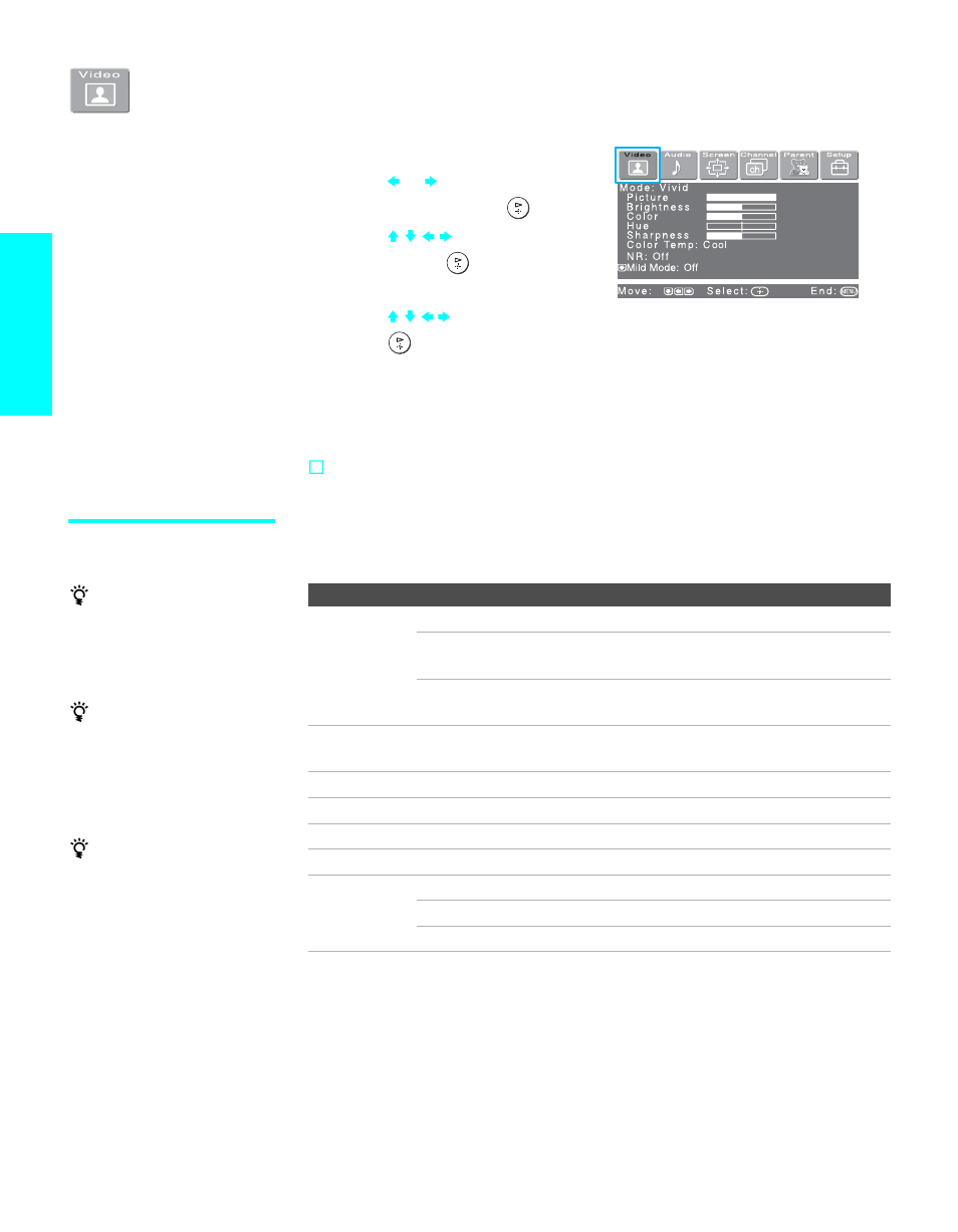 Using the video menu, Selecting video options, Menus | Sony KDL-32XBR950 User Manual | Page 104 / 136
