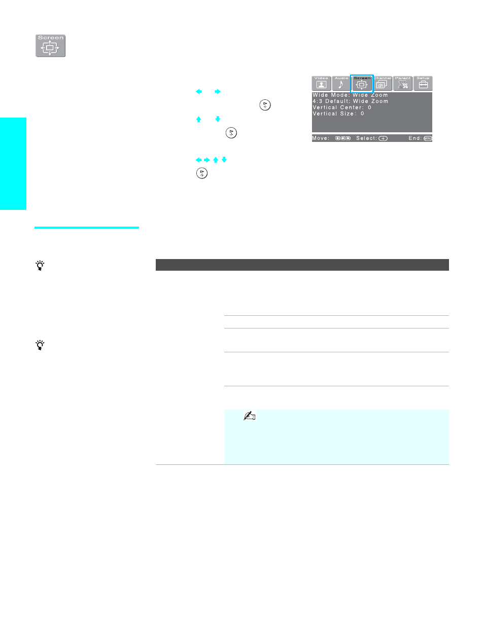 Using the screen menu, Selecting screen options, D 108 | Menus | Sony KDL-32XBR950 User Manual | Page 110 / 136