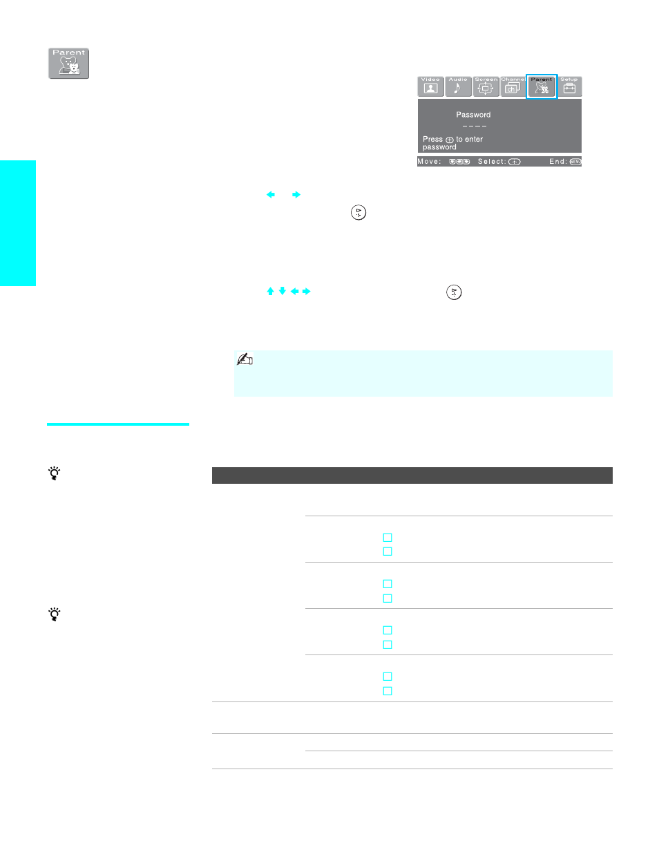 Using the parent menu, Selecting parent options, Menus | Sony KDL-32XBR950 User Manual | Page 114 / 136