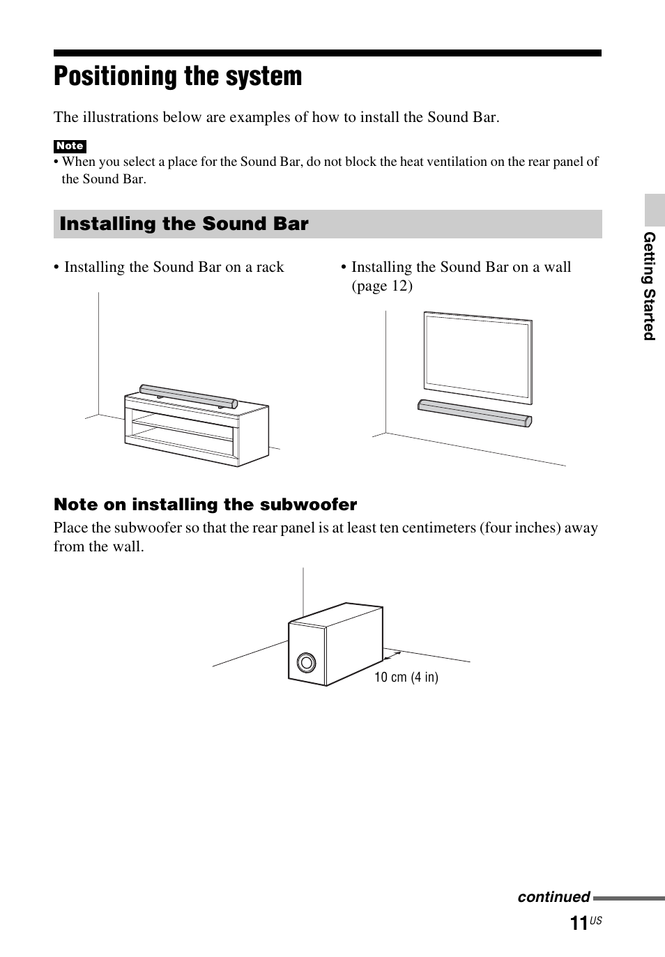 Positioning the system, Installing the sound bar | Sony HT-CT60 User Manual | Page 11 / 64