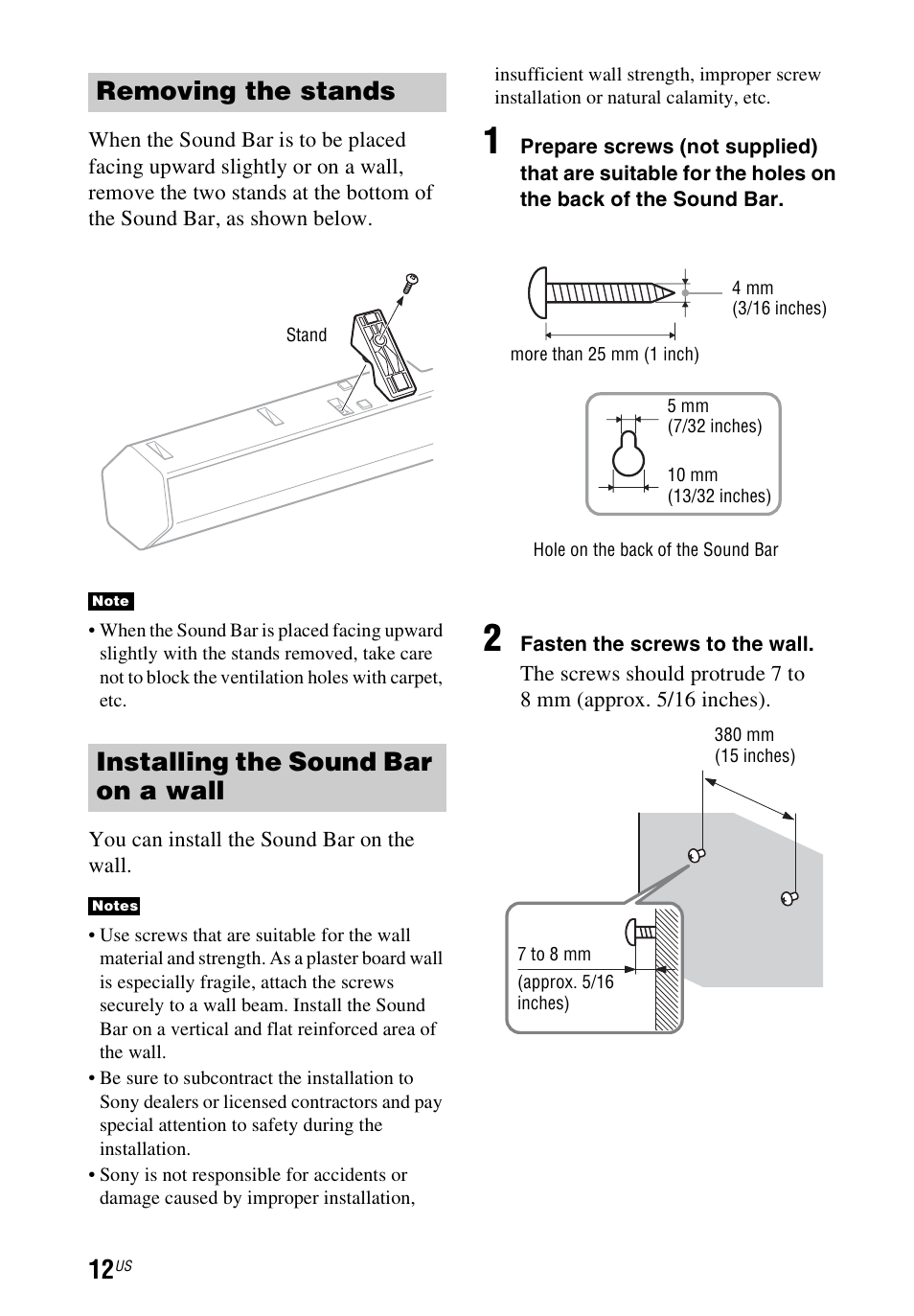 Removing the stands, Installing the sound bar on a wall | Sony HT-CT60 User Manual | Page 12 / 64
