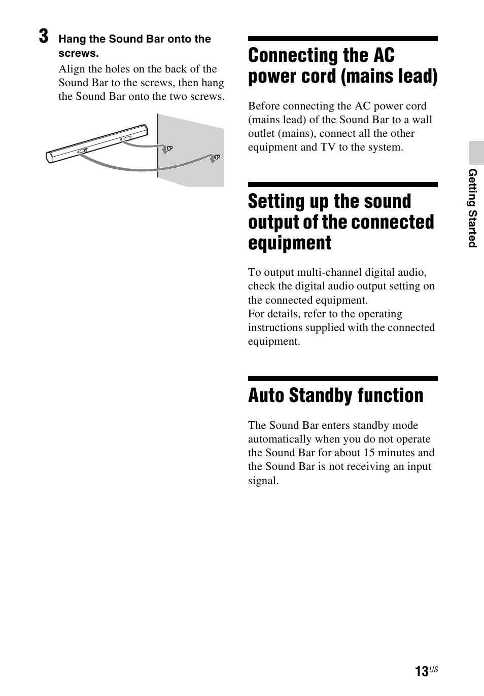 Connecting the ac power cord (mains lead), Auto standby function, Connecting the ac power cord | Mains lead), Setting up the sound output of, The connected equipment | Sony HT-CT60 User Manual | Page 13 / 64