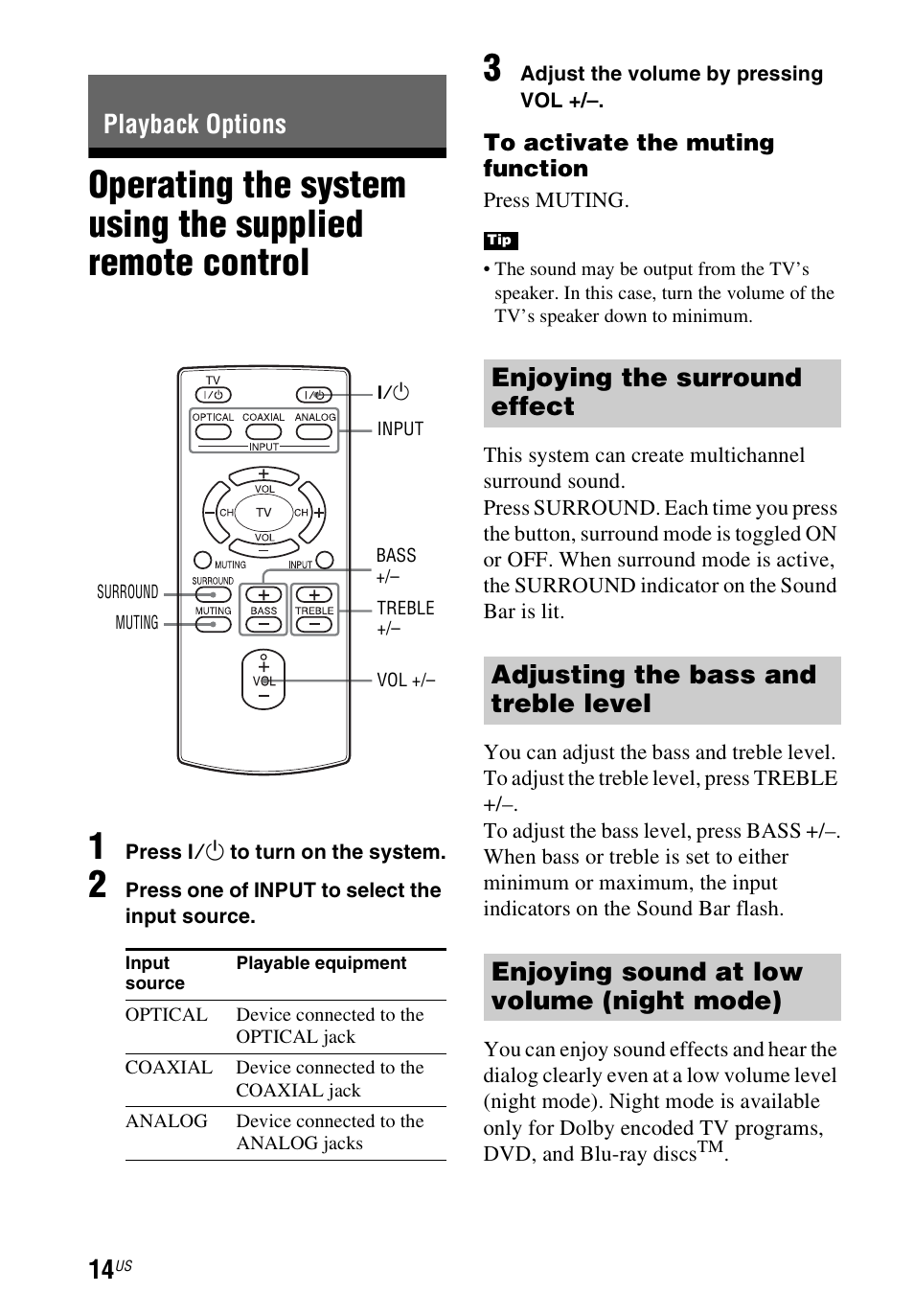 Playback options, Operating the system using the, Supplied remote control | Sony HT-CT60 User Manual | Page 14 / 64