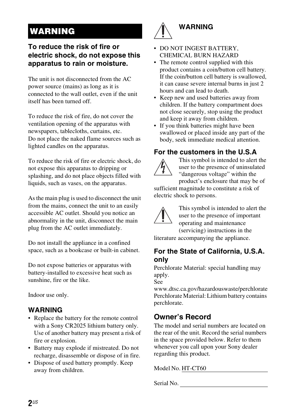 Warning | Sony HT-CT60 User Manual | Page 2 / 64