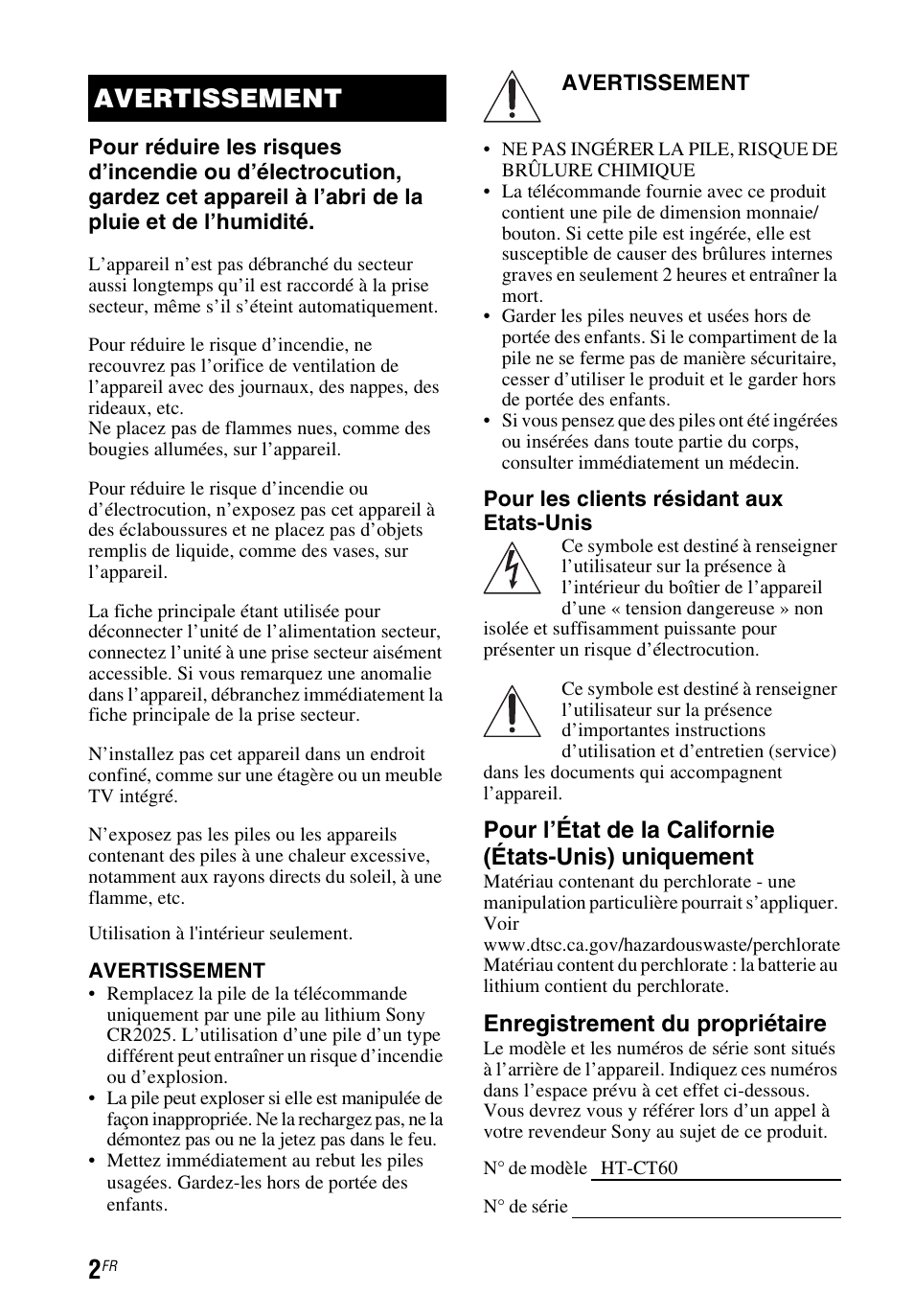 Avertissement | Sony HT-CT60 User Manual | Page 22 / 64