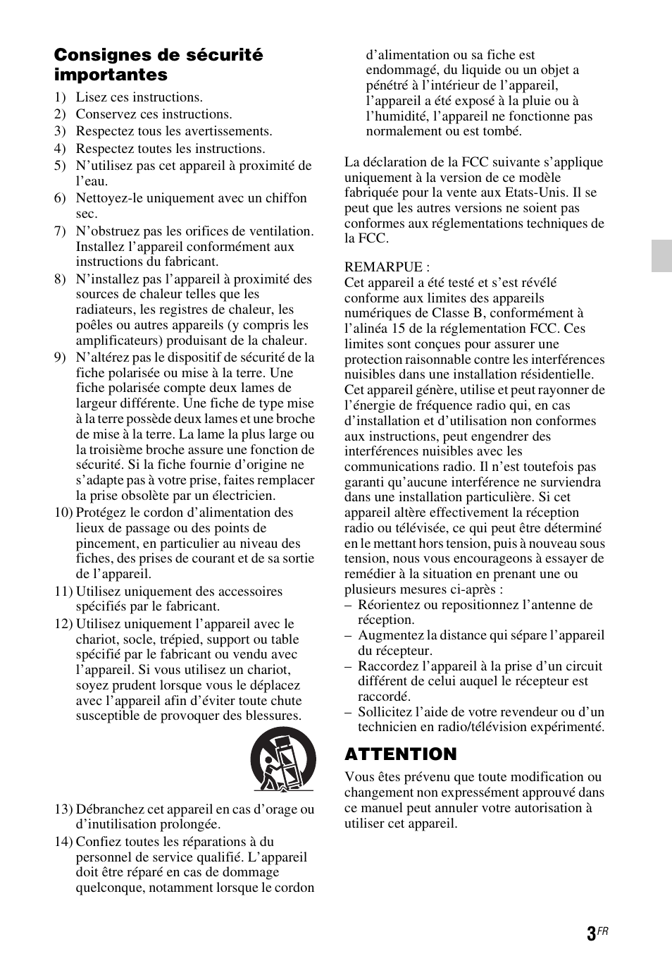 Consignes de sécurité importantes, Attention | Sony HT-CT60 User Manual | Page 23 / 64