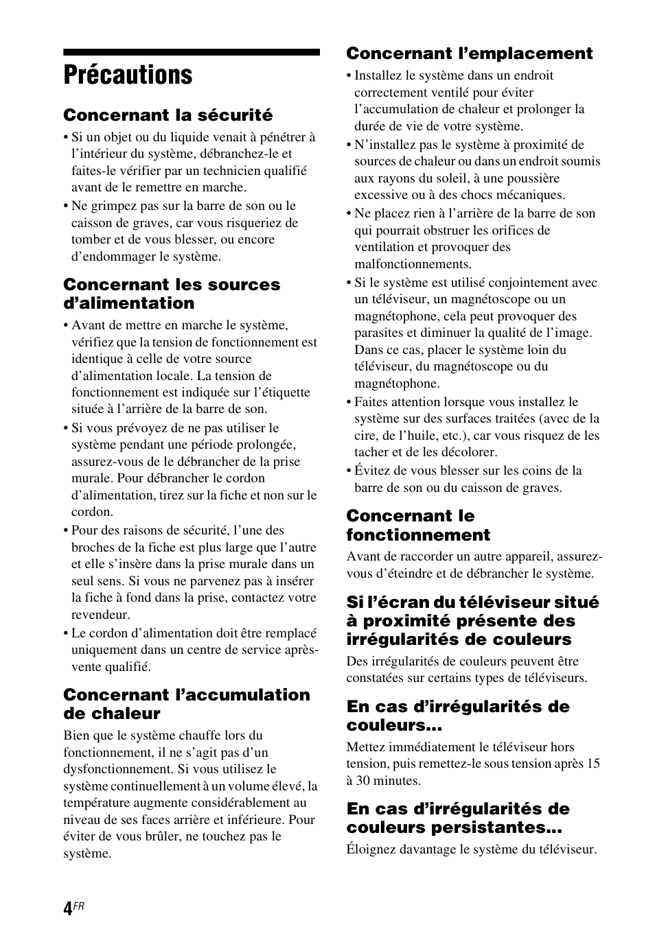 Précautions | Sony HT-CT60 User Manual | Page 24 / 64