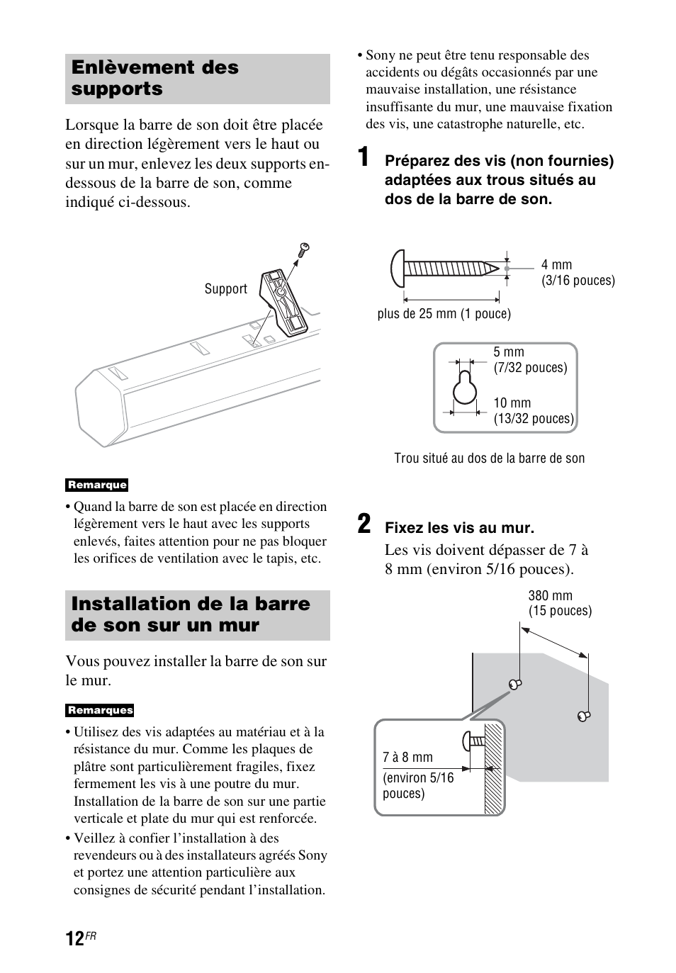 Enlèvement des supports, Installation de la barre de son sur un mur | Sony HT-CT60 User Manual | Page 32 / 64