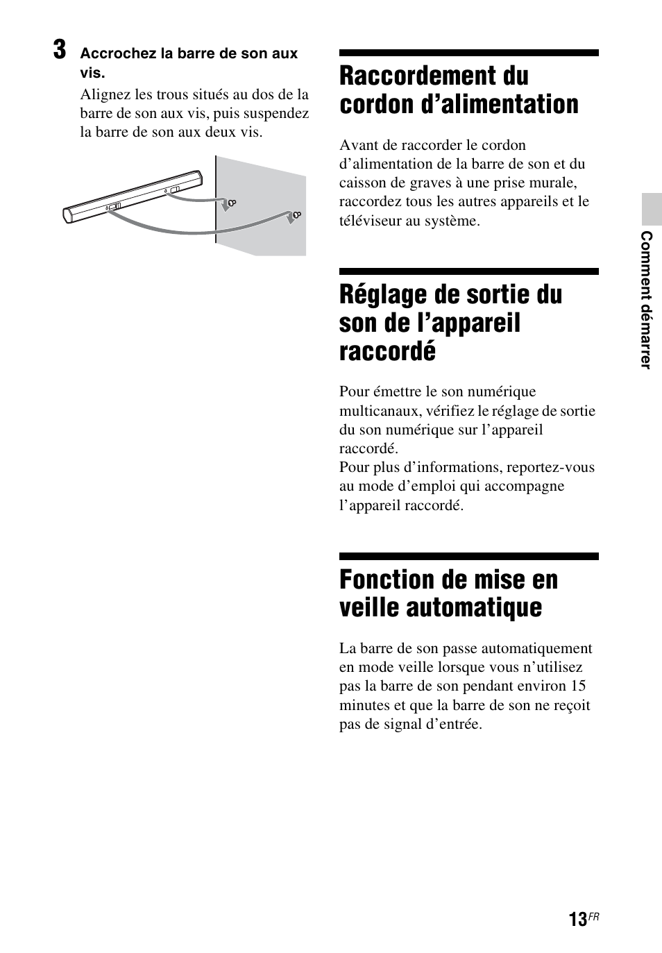 Raccordement du cordon d’alimentation, Réglage de sortie du son de l’appareil raccordé, Fonction de mise en veille automatique | Raccordement du cordon, D’alimentation, Réglage de sortie du son de, L’appareil raccordé, Fonction de mise en veille, Automatique | Sony HT-CT60 User Manual | Page 33 / 64
