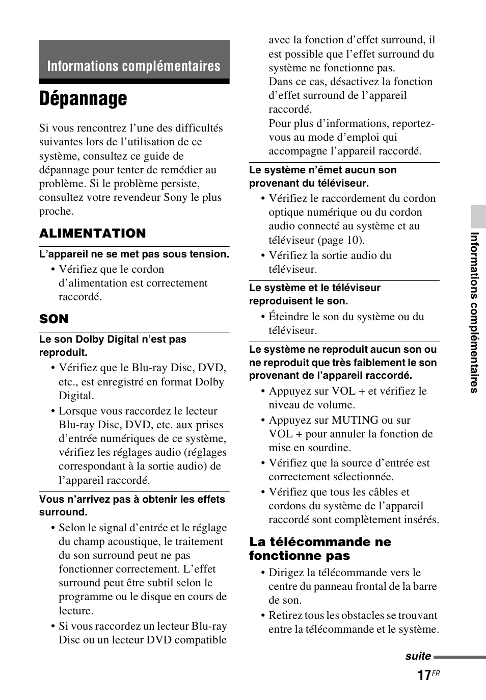 Informations complémentaires, Dépannage | Sony HT-CT60 User Manual | Page 37 / 64