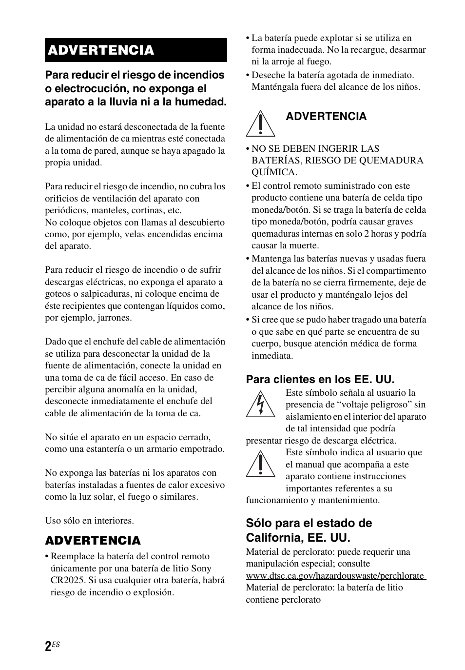 Advertencia | Sony HT-CT60 User Manual | Page 42 / 64