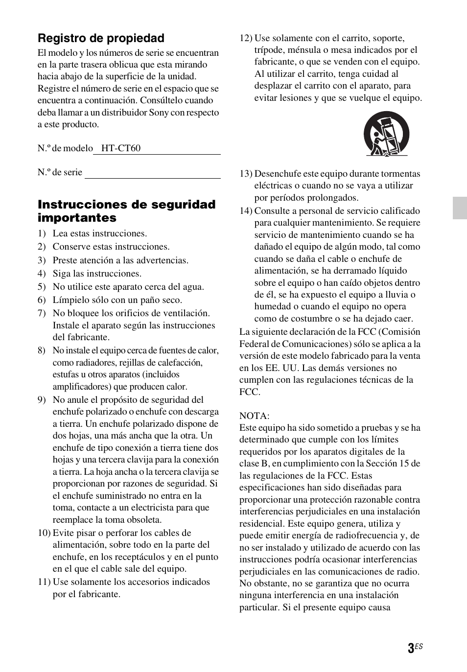 Registro de propiedad, Instrucciones de seguridad importantes | Sony HT-CT60 User Manual | Page 43 / 64